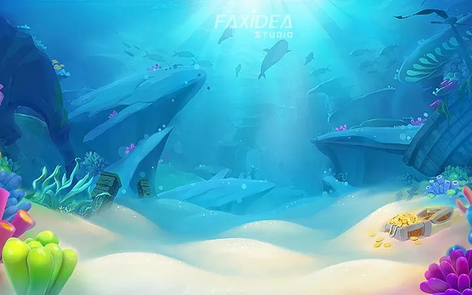 ฉากเกมยิงปลาใต้น้ำที่มีปืนใหญ่ เป้าหมาย และแสงเอฟเฟกต์บนหน้าจอ